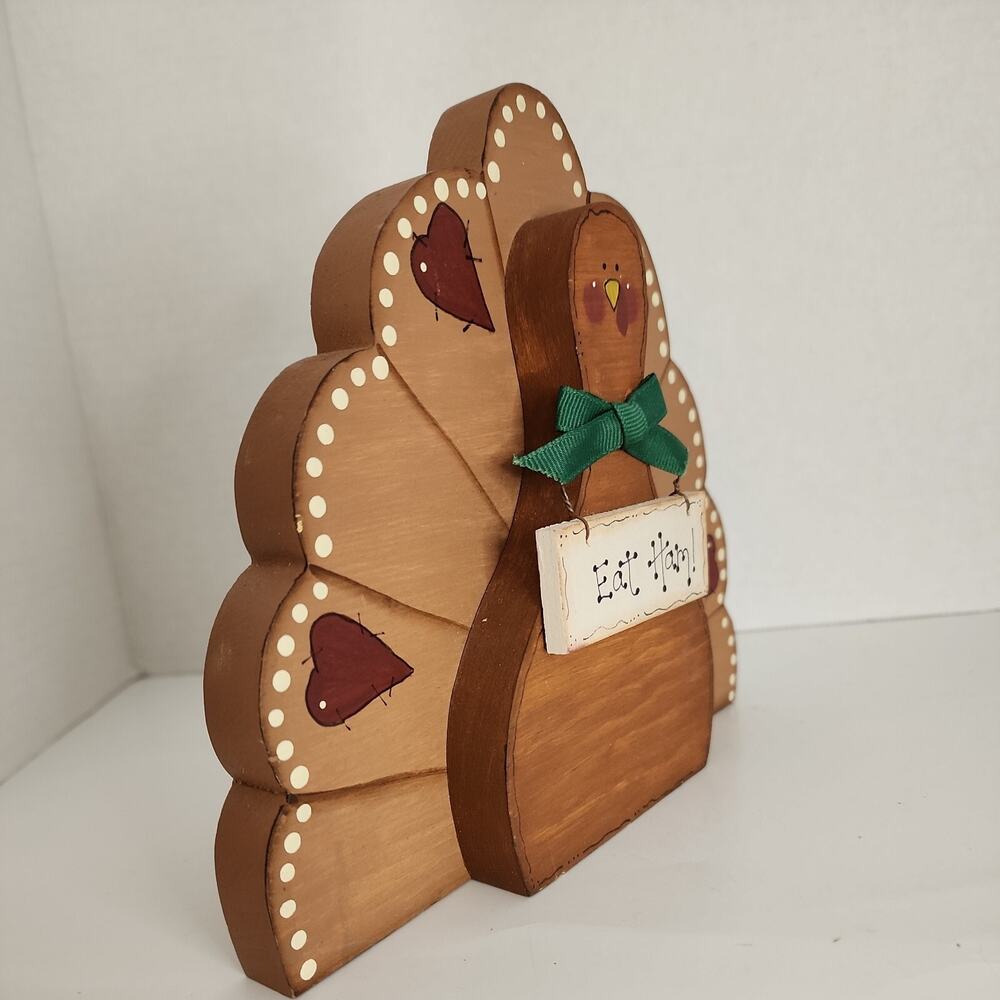 Vtg Hand Crafted Painted Wooden Folk Art Turkey-Hearts, Eat Ham Sign- Signed - Picture 10 of 16
